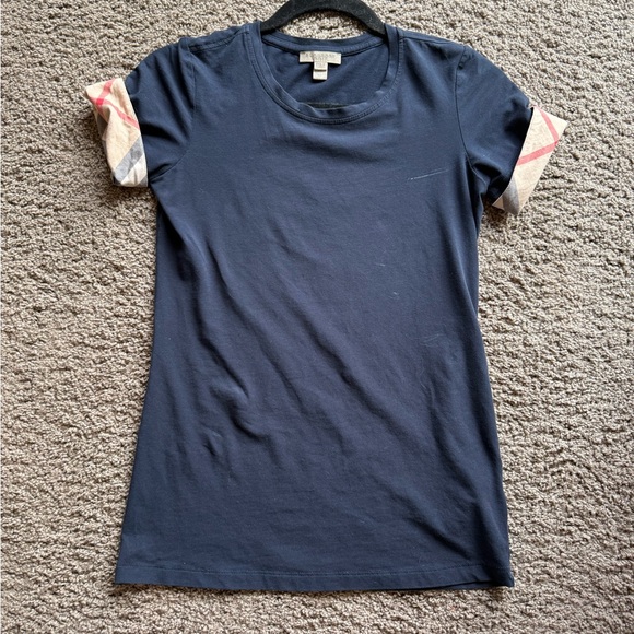 Burberry Navy Blue Tee with Patterned Sleeves - Picture 1 of 4